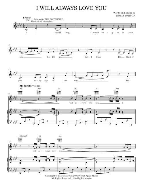 I Will Always Love You - Dolly Parton, Glee Cast, Whitney Houston (Piano-Vocal-Guitar)