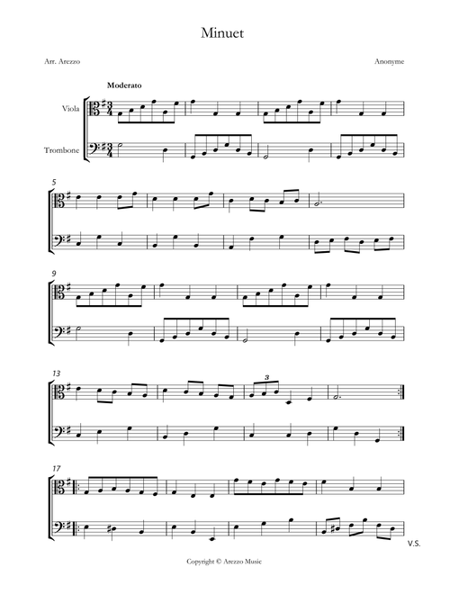 bach bwv anh. 116 minuet in g major Viola and Trombone sheet music (Arr. Arezzo Music) - Johann Sebastian Bach (Instrumental Duet)