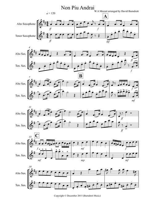 Non Più Andrai for Alto and Tenor Saxophone Duet (Arr. David Burndrett) - W.A Mozart (Instrumental Duet)