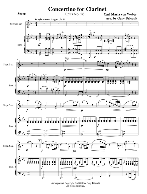 Concertino in Eb for Clarinet - Opus 26 (Arr. Gary Bricault) - Carl Maria von Weber (Soprano Sax and Piano)