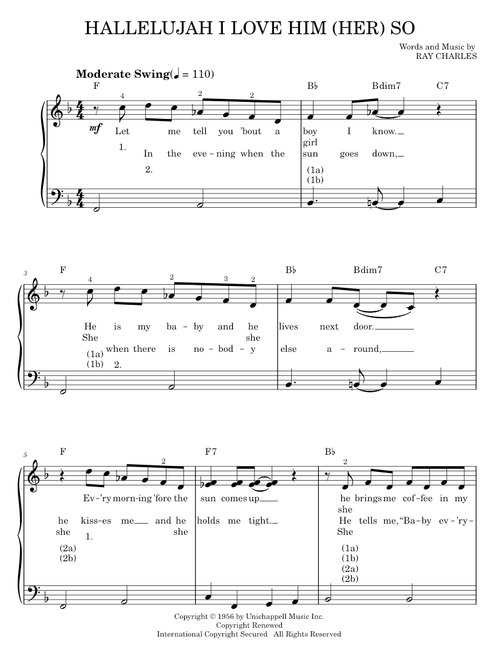 Hallelujah I Love Him (Her) So - Peggy Lee, Ray Movie, Ray Charles (Easy Piano)