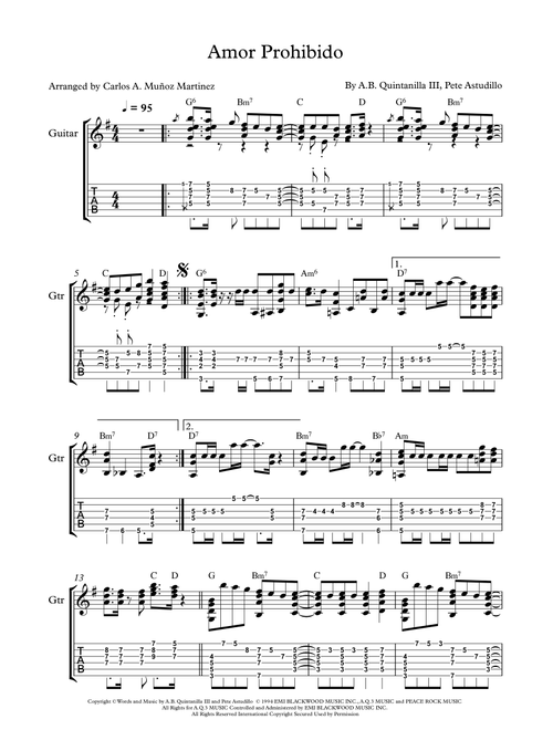 Amor Prohibido (Arr. Carlos Alberto Muñoz Martinez) - Selena (Guitar Tab)