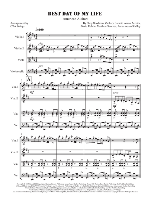Best Day Of My Life (Arr. GTA Strings) - American Authors (String Quartet)