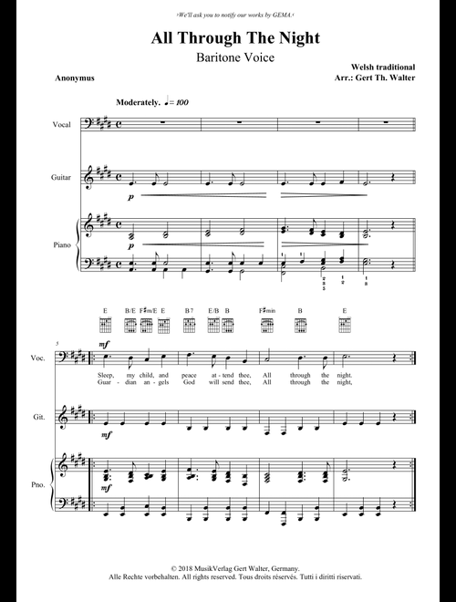 All Through The Night (Arr. Gert Th. Walter) - Welsh Traditional (Vocal Solo)