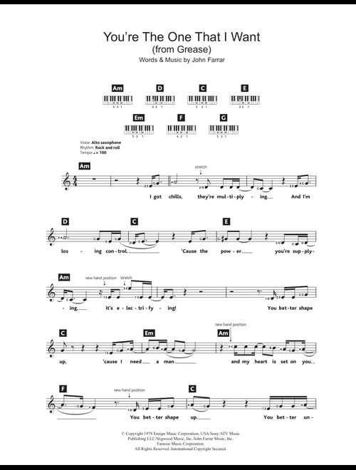You're The One That I Want (from Grease) - John Farrar (Piano Chords-Lyrics)