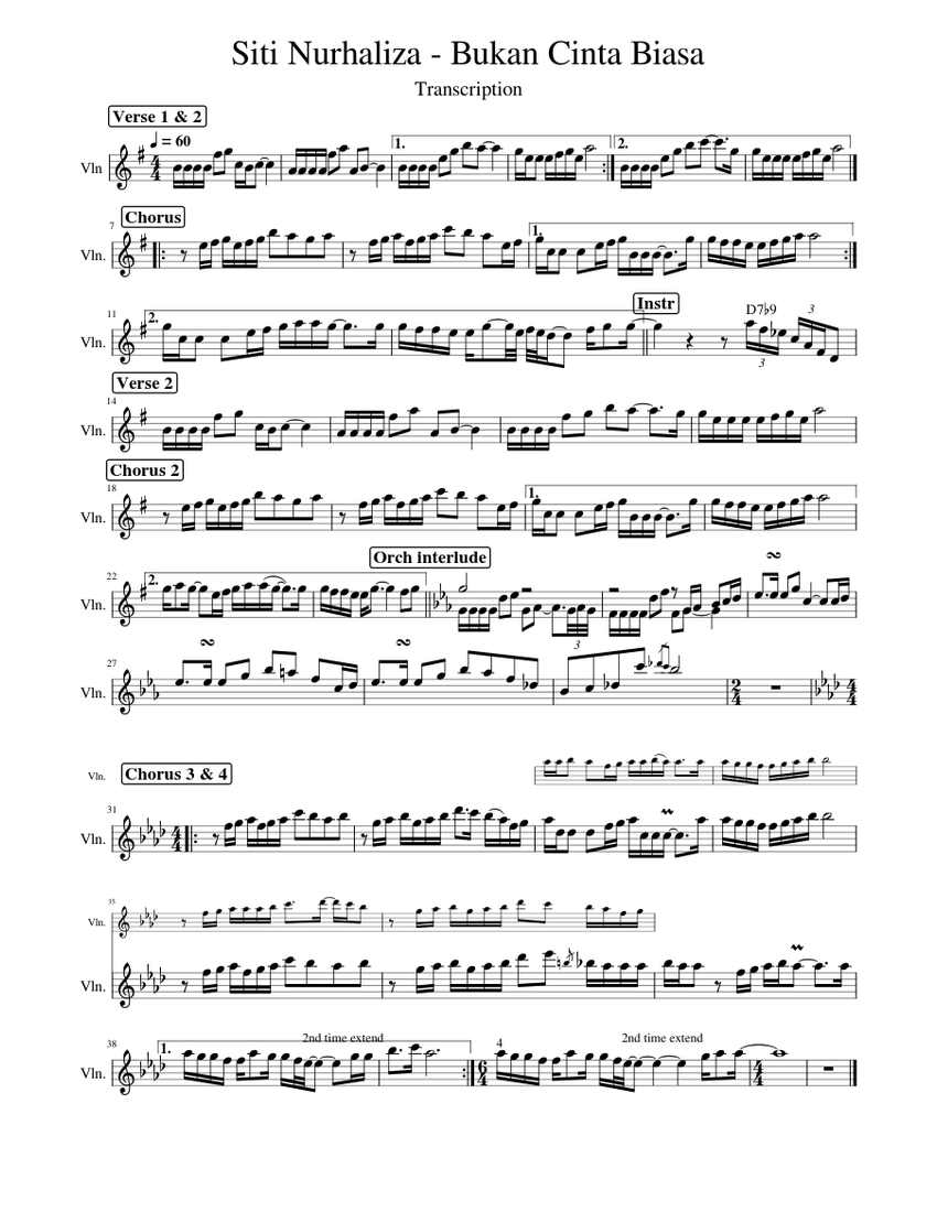 Bukan Cinta Biasa Siti Nurhaliza Sheet Music with Chords for Violin