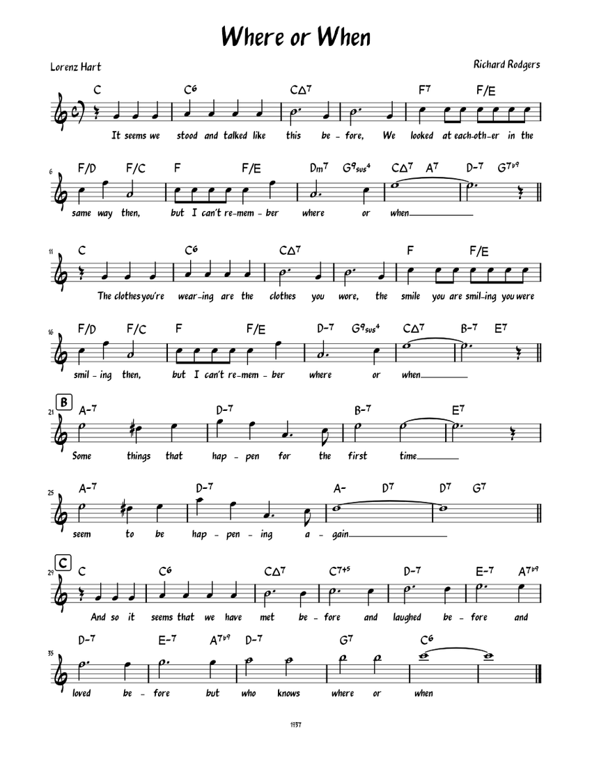 Where or when lead sheet with lyrics sheet music for piano solo