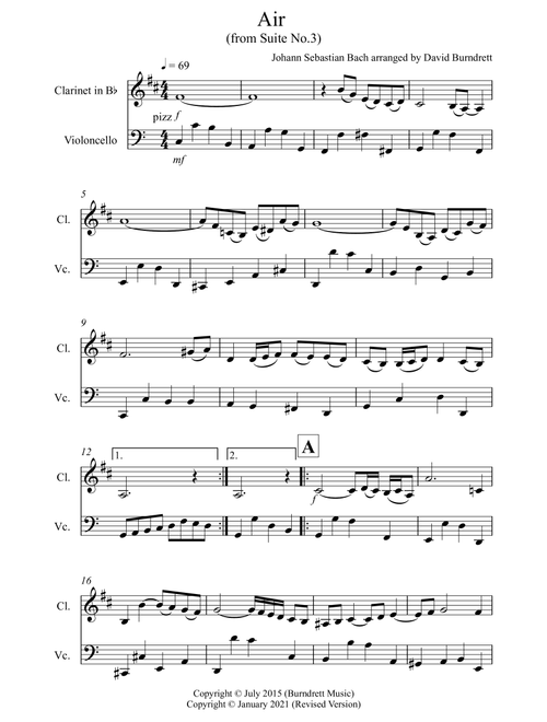 Air on a G String for Clarinet and Cello Duet (Arr. David Burndrett) - Johann Sebastian Bach (Instrumental Duet)