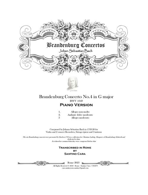 Bach - Brandenburg Concerto No.4 in G major BWV 1049 - Piano Version (Arr. Santino Cara) (Piano Solo)