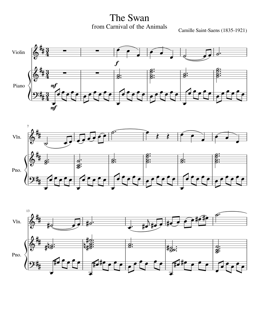 The Swan from The Carnival of the Animals Sheet music for Piano, Violin (Solo) The Swan from The Carnival of the Animals Sheet music for Piano, Violin (Solo)