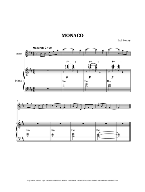 Monaco (Arr. Pedro Marques) - Bad Bunny (Violin and Piano)