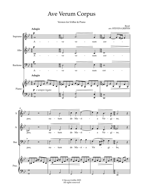 Ave Verum (SABar & Piano) (Arr. Steven Griffin) - Byrd (Choral, SAB)