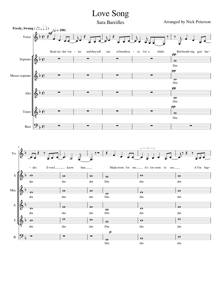 Love Song – Sara Bareilles Sheet Music for Soprano, Alto, Tenor
