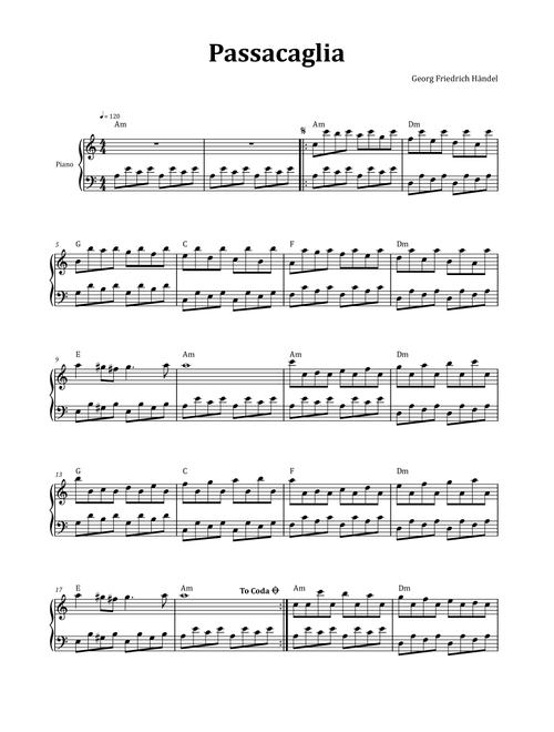 Passacaglia by Handel/Halvorsen - Solo Piano with Chord Notation (Arr. Glauco Fernandes) - Georg Friedrich Händel, Johan Halvorsen (Piano Solo)