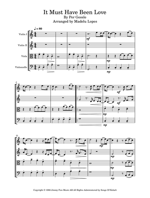 It Must Have Been Love (Arr. Madelu Lopes) - Roxette (String Quartet)