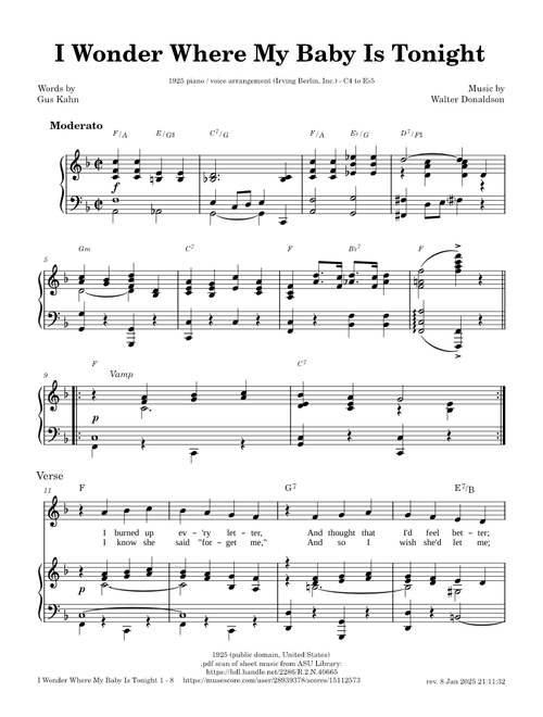 I Wonder Where My Baby Is Tonight - Walter Donaldson, Gus Kahn [1925 piano / vocal arrangement]