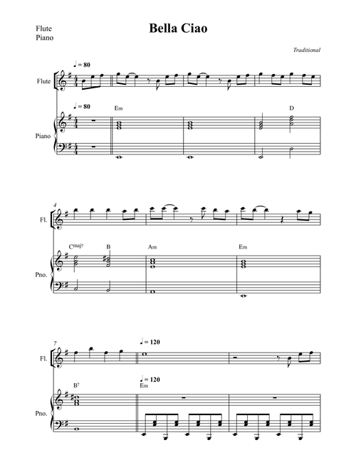 Bella Ciao For Flute (Arr. Wesley S. SIlva) - Traditional (Flute and Piano)