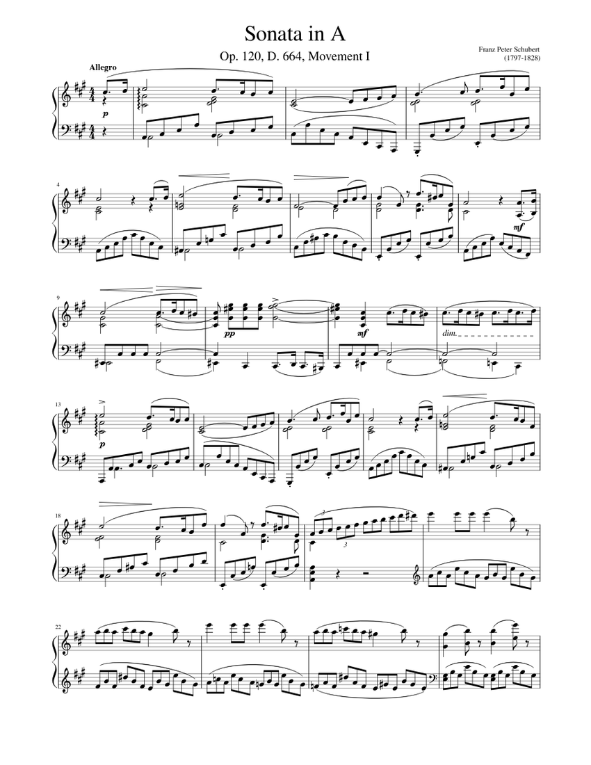 Schubert - Sonata in A Op.120 D.664 Movement I Sheet Music for Piano ...