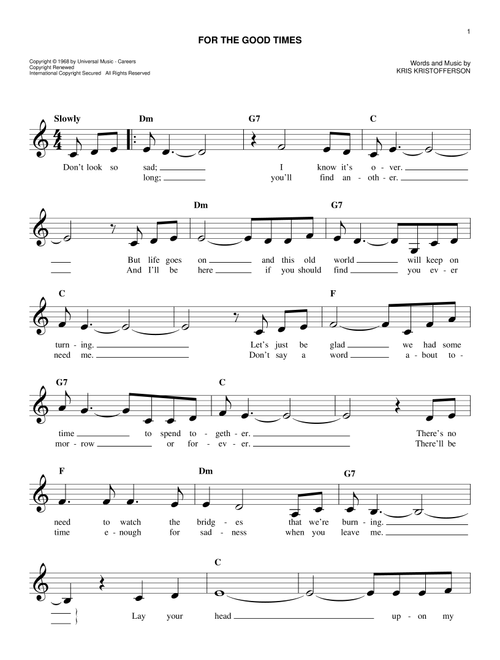 For The Good Times - Ray Price, Elvis Presley (Easy Lead Sheet - Fake Book)