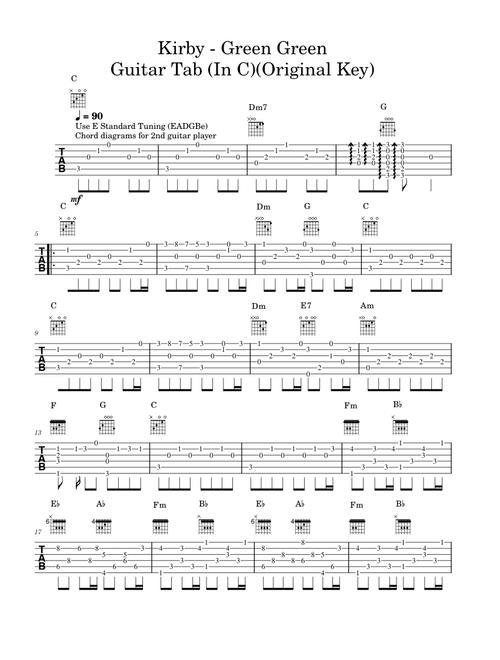 Kirby - Green Greens - Guitar Tab - Fingerstyle