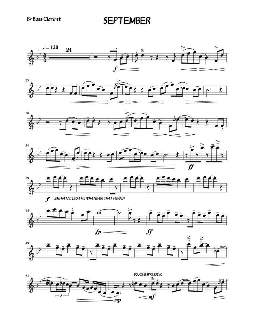 September Bb Bass Clarinet Sheet Music for Clarinet bass (Solo ...