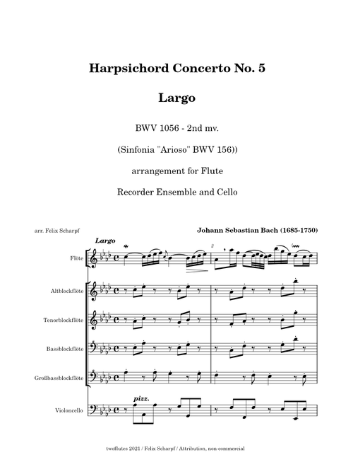 Largo (BWV 1056) "Arioso" (BWV 156) - J. S. Bach - arr. for Flute, Recorders and Cello