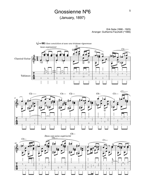 Erik Satie - Gnossienne Nº6. For Classical Guitar. With Tab (Arr. Guilherme Facchetti) (Solo Guitar)