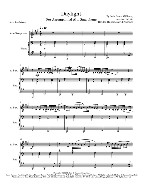 Daylight (Arr. Zac Moore) - David Kushner (Alto Sax and Piano)