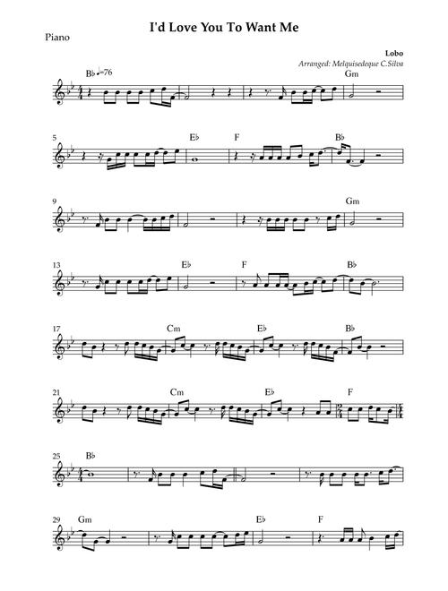 I'd Love You To Want Me (Arr. Melquisedeque C.Silva) - Lobo (Piano Solo)