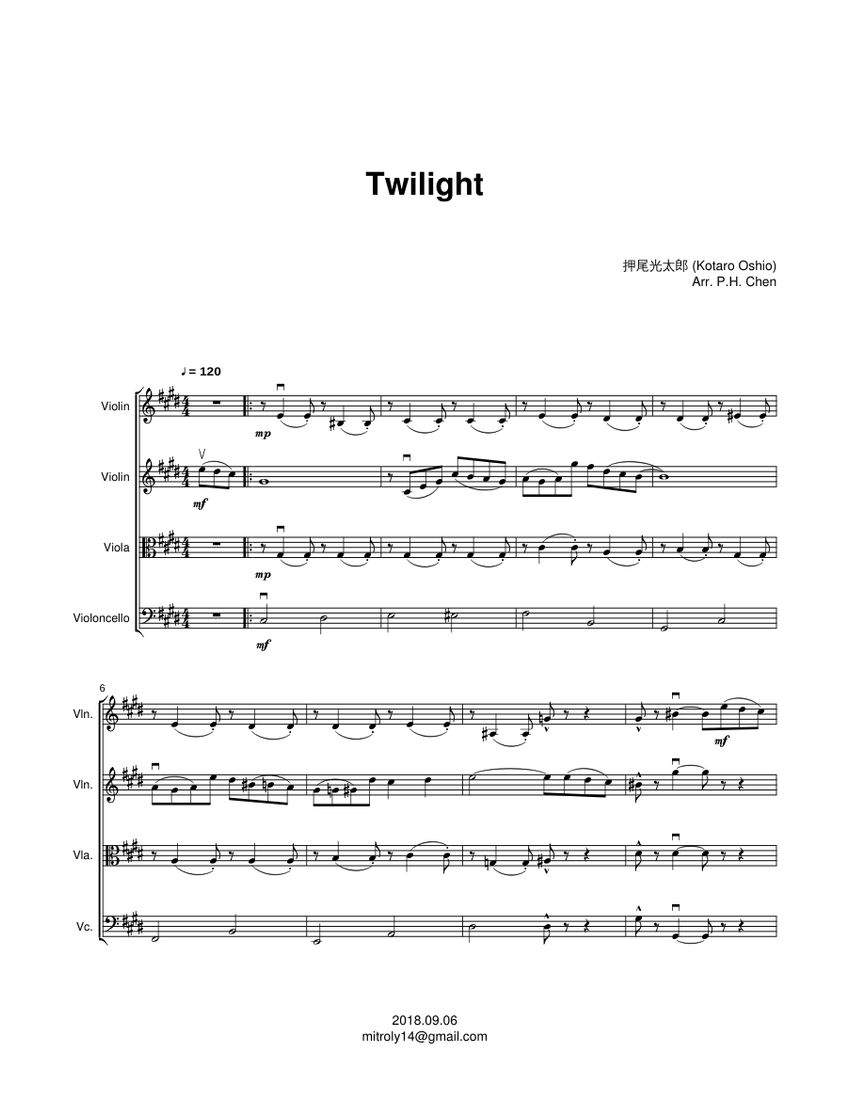 Twilight Sheet Music for Violin, Viola, Cello (String Quartet