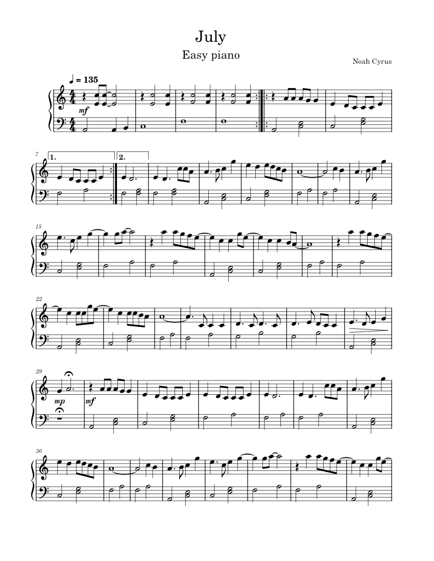 July Noah Cyrus Sheet music for Piano (Solo)
