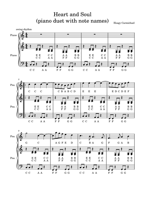 Heart and Soul (with note names) (Arr. Christina Magallanes-Jones) - Hoagy Carmichael (Piano Duet)