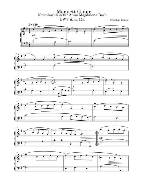 Christian Petzold - Menuett G-dur - Notenbüchlein für Anna Magdalena Bach - BWV Anh. 114