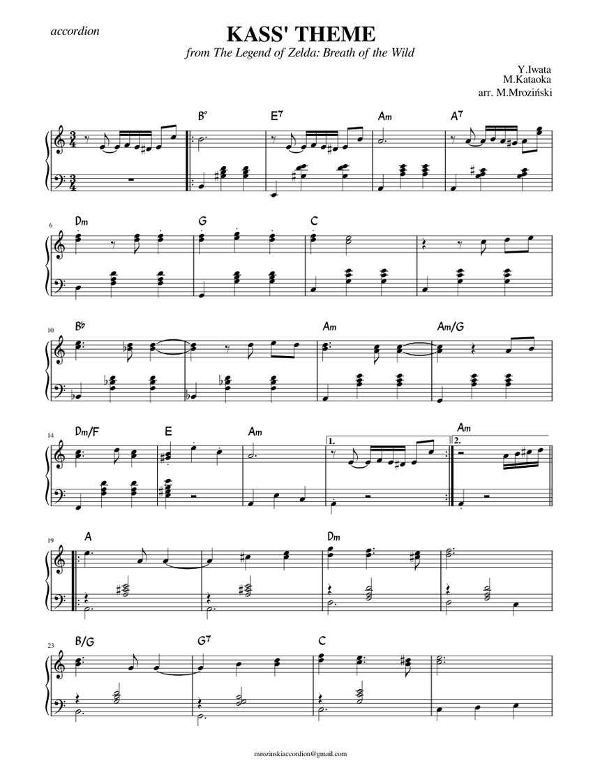 KASS' THEME from The Legend of Zelda [accordion] Sheet music for Piano