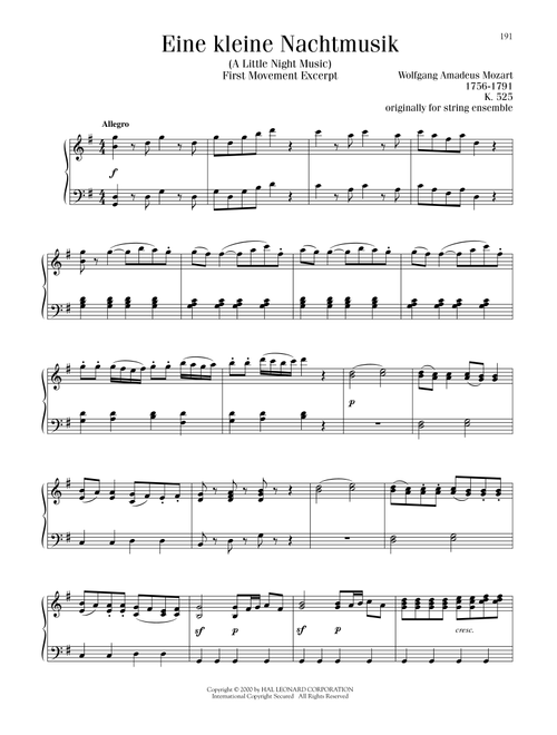 Eine Kleine Nachtmusik ("Serenade"), First Movement Excerpt - Wolfgang Amadeus Mozart (Piano Solo)
