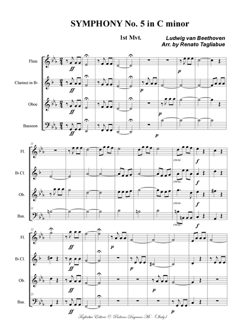 SYMPHONY No. 5 - 1st Mvt. - Arr. for Wind quartet - With Parts (Arr. Renato Tagliabue) (Woodwind Ensemble)