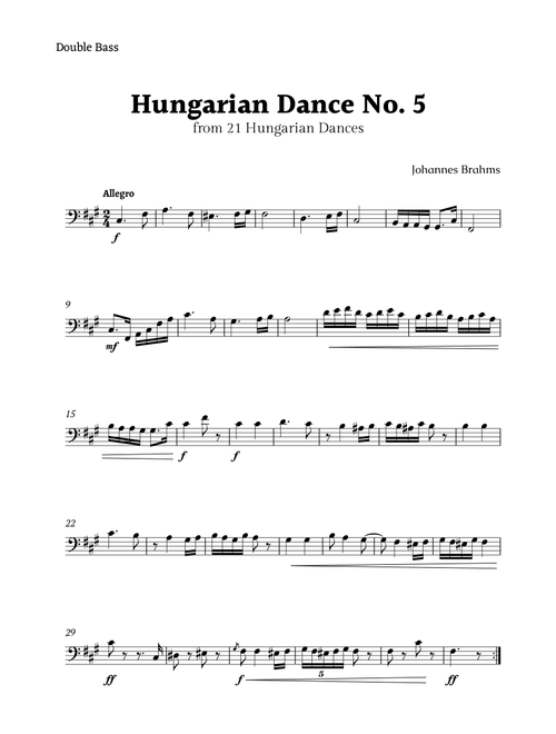 Hungarian Dance No. 5 by Brahms for Double Bass Solo (Arr. Rika K.) (Instrumental Solo)