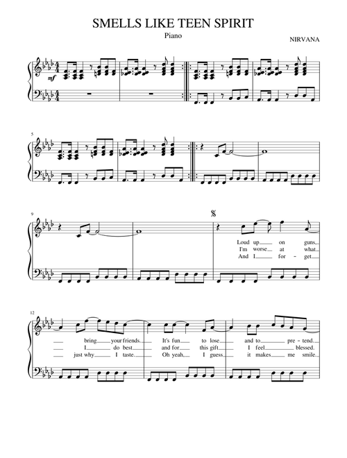 Nirvana - Smells Like Teen Spirit (for piano with lyrics)