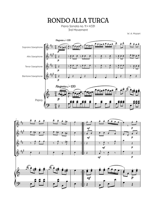 Rondo Alla Turca (Turkish March) | Sax Quartet Sheet Music (w/ piano) (Arr. Benzaiten Editions) - Wolfgang Amadeus Mozart (Small Ensemble)