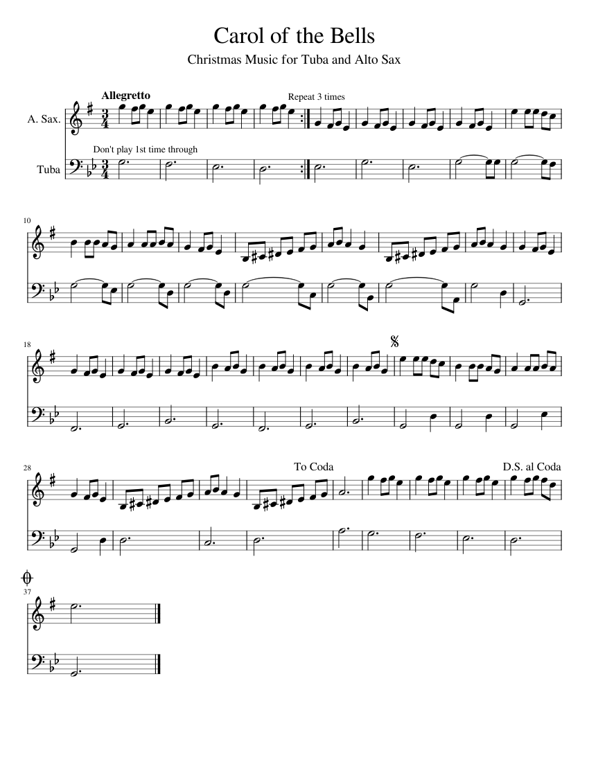 Carol of the Bells Sheet Music for Tuba, Saxophone alto (Mixed Duet ...