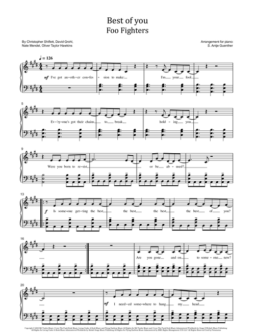Best Of You (Arr. S. Antje Guenther) - Foo Fighters (Piano Solo)