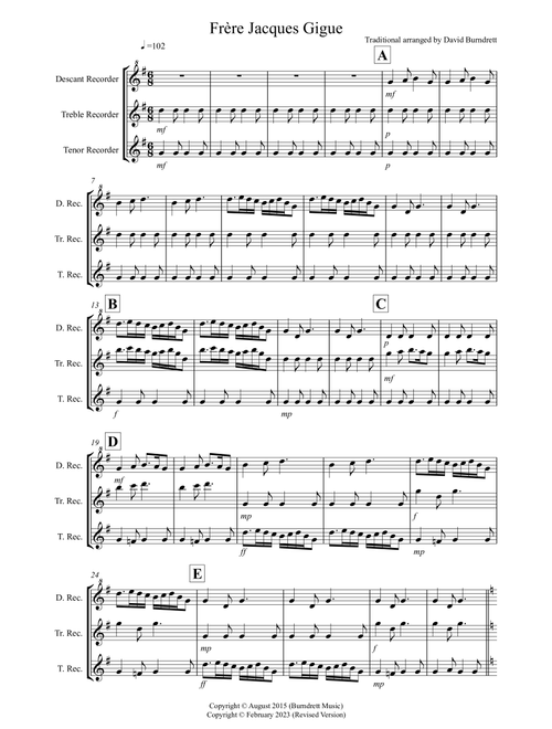 Frere Jacques for Recorder Trio (Arr. David Burndrett) - Traditional (Recorder Solo)