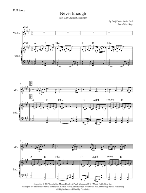 Never Enough (Arr. Ottirb Sage) - The Greatest Showman Ensemble (Violin and Piano)