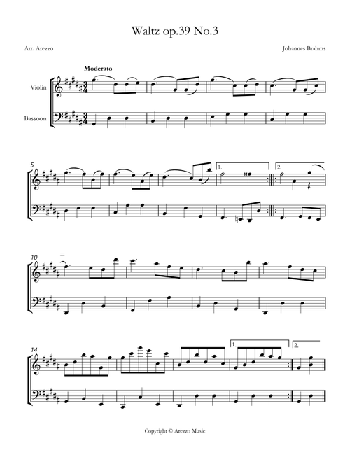 brahms waltz op 39 no 3 Viola and Bassoon sheet music (Arr. Arezzo Music) - Johannes Brahms (Instrumental Duet)