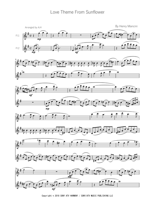Love Theme From Sunflower (Arr. Akemi Hirano) - Henry Mancini (Flute Duet)