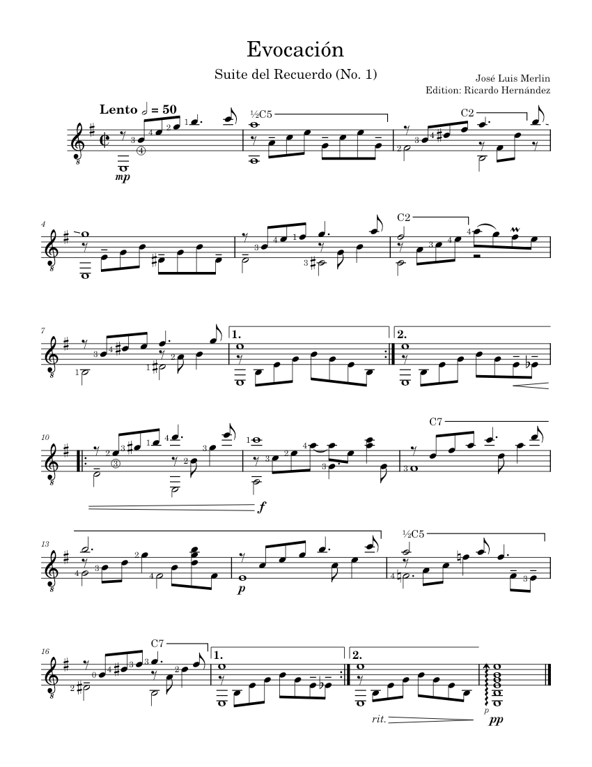 Evocación (No. 1) José Luis Merlín Sheet music for Guitar (Solo