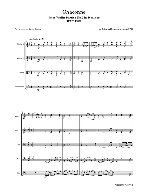 Bach - Chaconne From Partita No. 2 in D minor, BWV 1004 for String Ensemble and Timpani (Arr. Julio Costa) - Johann Sebastian Bach (String Ensemble)
