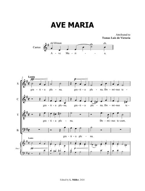 Ave Maria - Tomas Luis de Victoria - for Choir with Accompaniment - in G Major (Arr. L. Müller) (Choral, SATB)