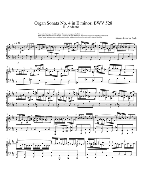 Bach Organ Sonata No. 4 in E minor, BWV 528, Andante, for Piano