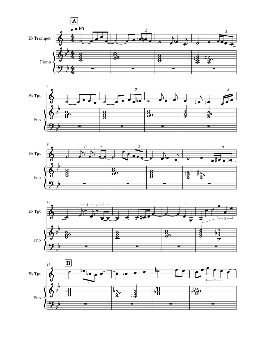 Long note melody sheet music for piano trumpet in b flat solo